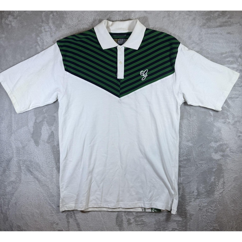 Vintage G‎ Unit The Heist Polo Shirt Mens XL White Green Stripe Graphic Y2K